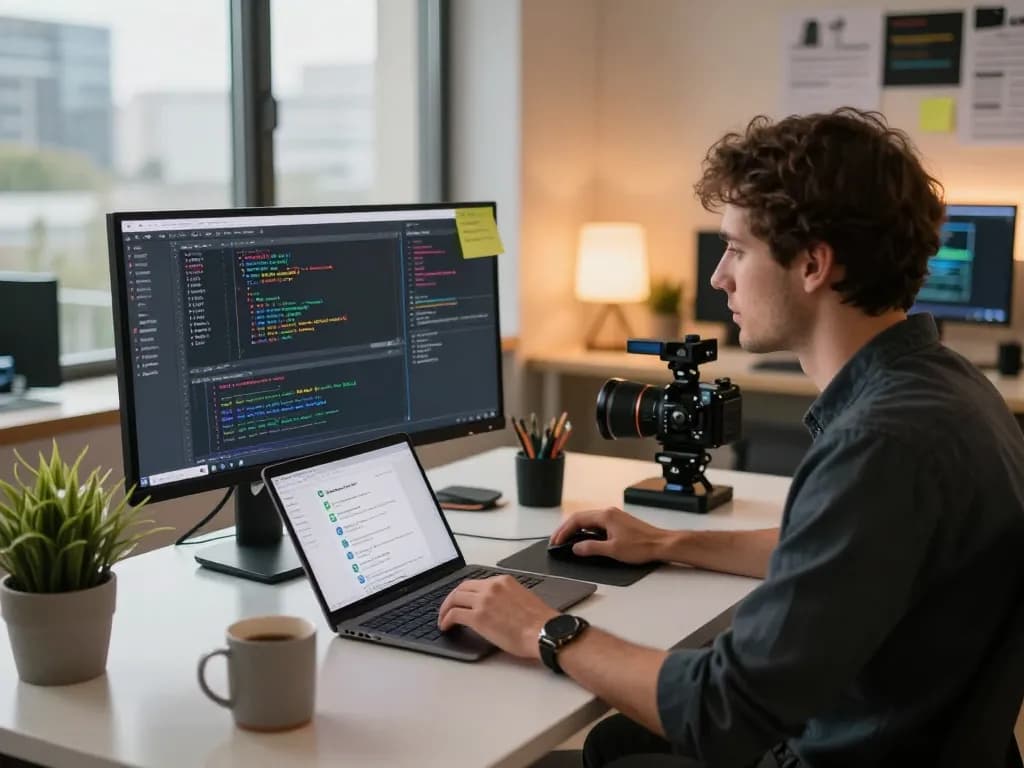 Developer using moltbot ai in a modern workspace, showcasing coding, communication tools, and a collaborative atmosphere.