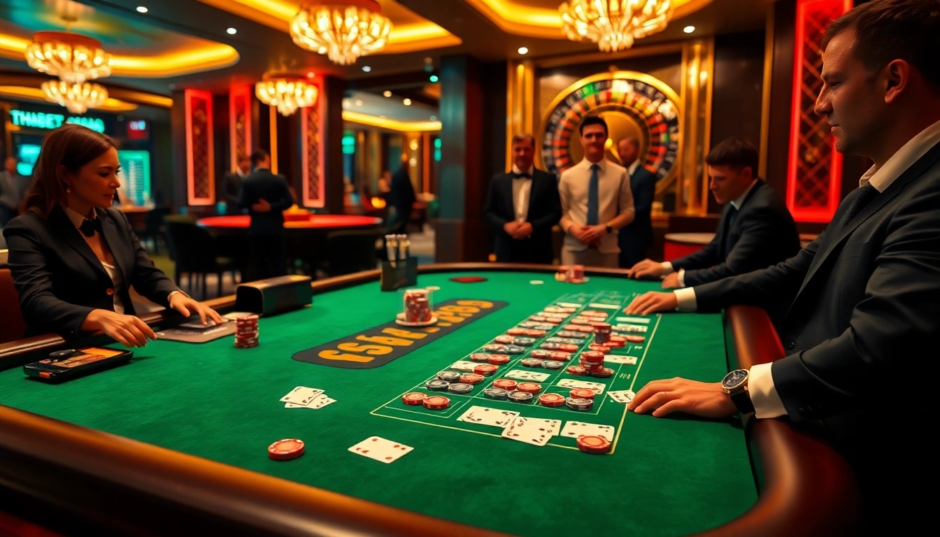 Experience thabet link chuẩn excitement with a vibrant casino scene, including poker chips and roulette wheels.