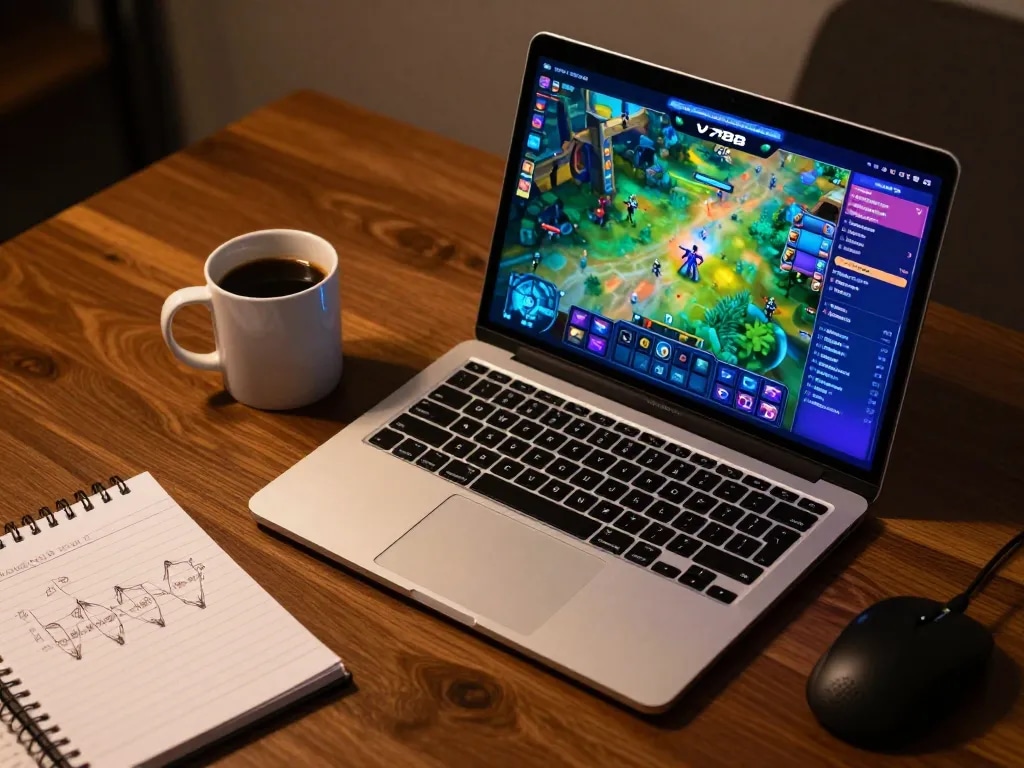 Engaging user playing v788 game on a laptop in a cozy home environment with strategic notes.