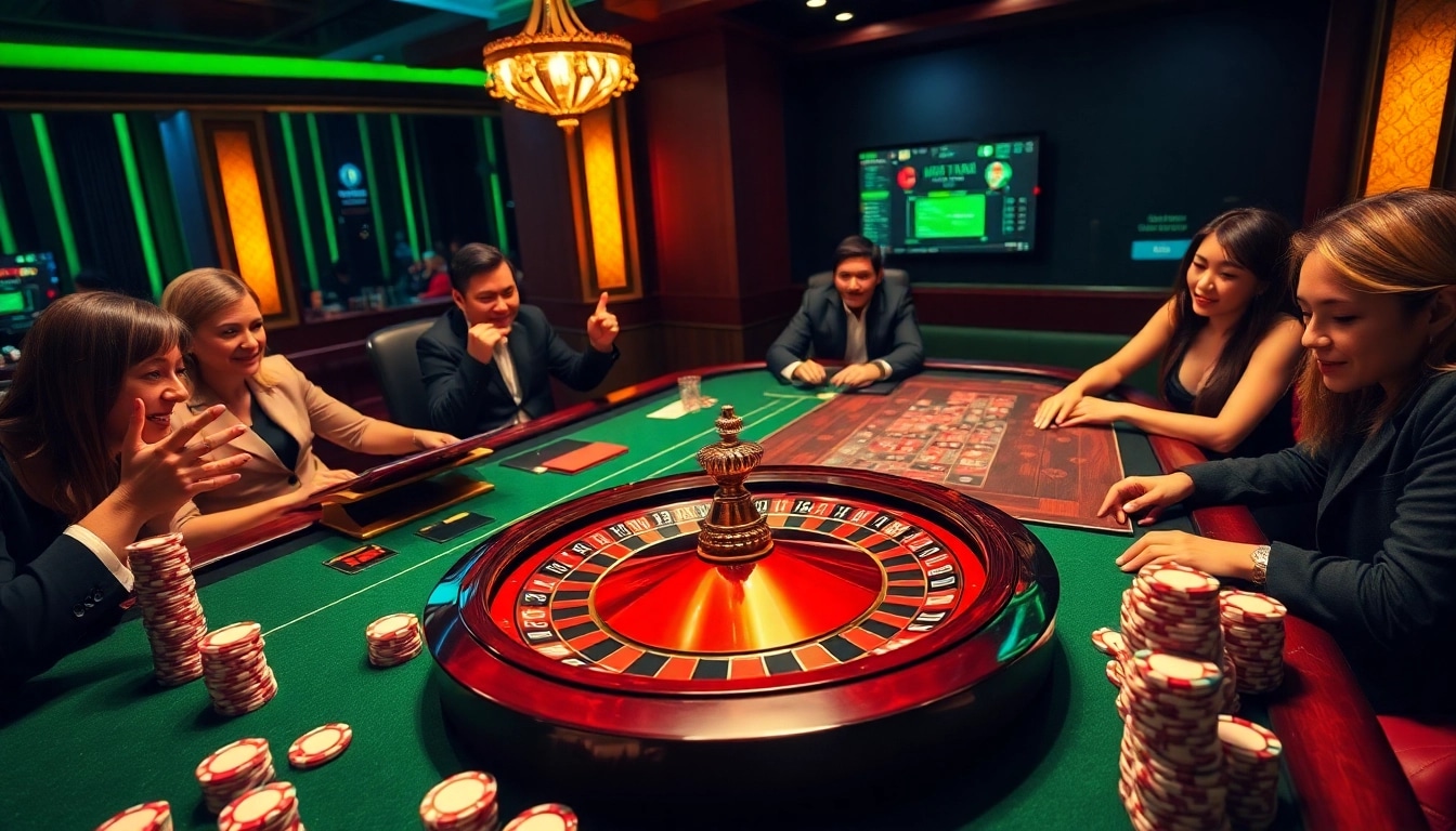 Players enjoying a thrilling game of roulette at 68VIP's luxurious online casino setting.