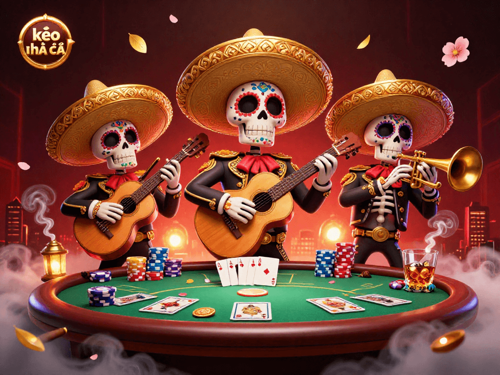 Experience the thrill of kèo nhà cái with vibrant illustrations of a mariachi band at a poker table