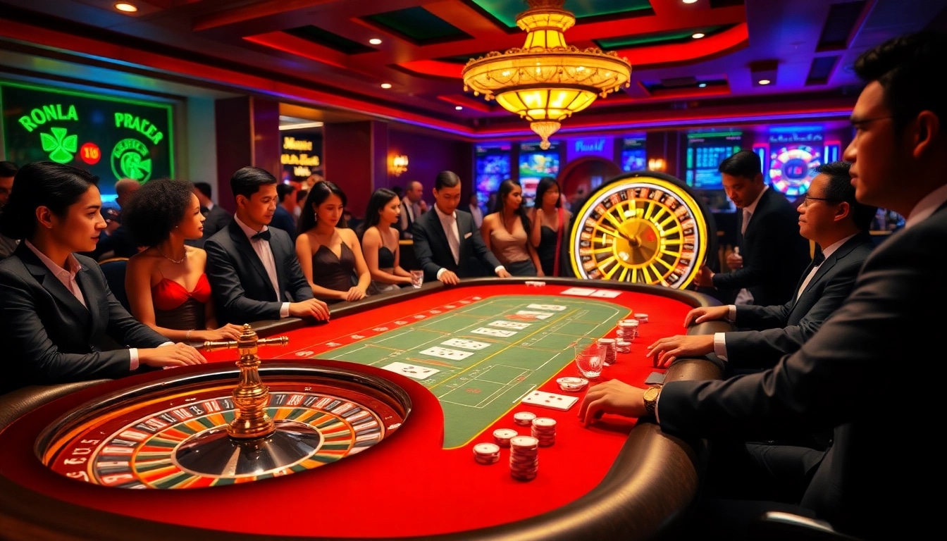 Players enjoying a high-stakes game at open88 casino table with casino lights.