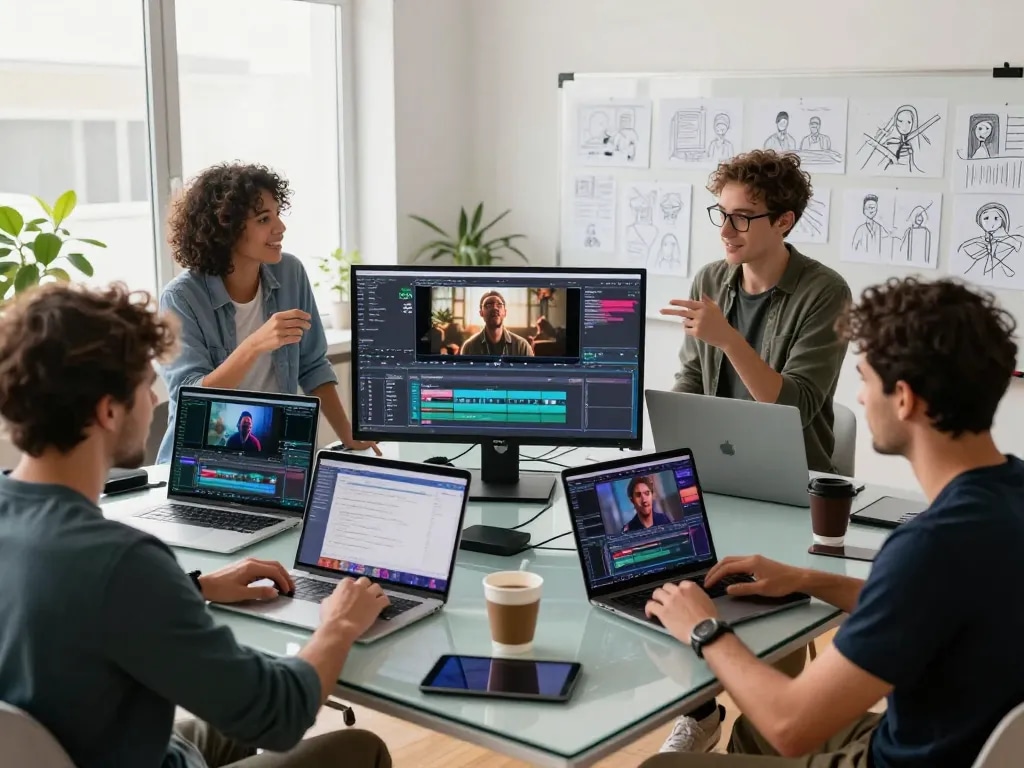 A team of creators collaborating on ai seedance 2.0 video projects in a modern studio.