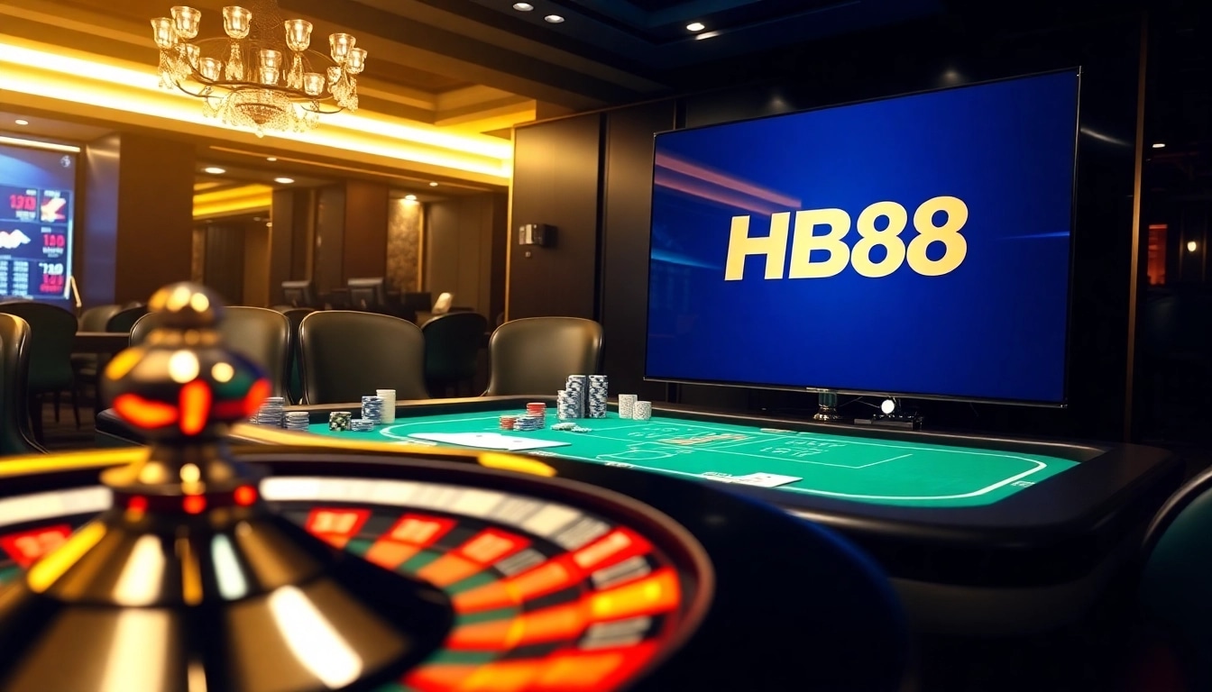Experience the excitement of HB88 with a vibrant casino scene featuring roulette and poker elements.