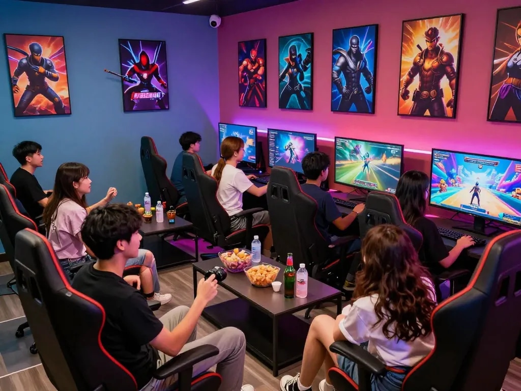 Engaged players enjoying interactive porn games in a vibrant gaming lounge.