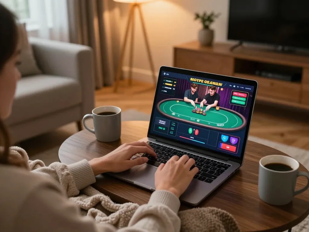Engaging online casino gameplay experience on a laptop at home through xx88.day, showcasing strategic poker action.