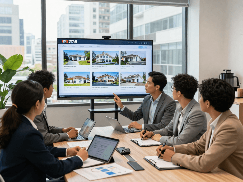 A diverse real estate team collaborating on IDXSTAR property presentations in a modern office