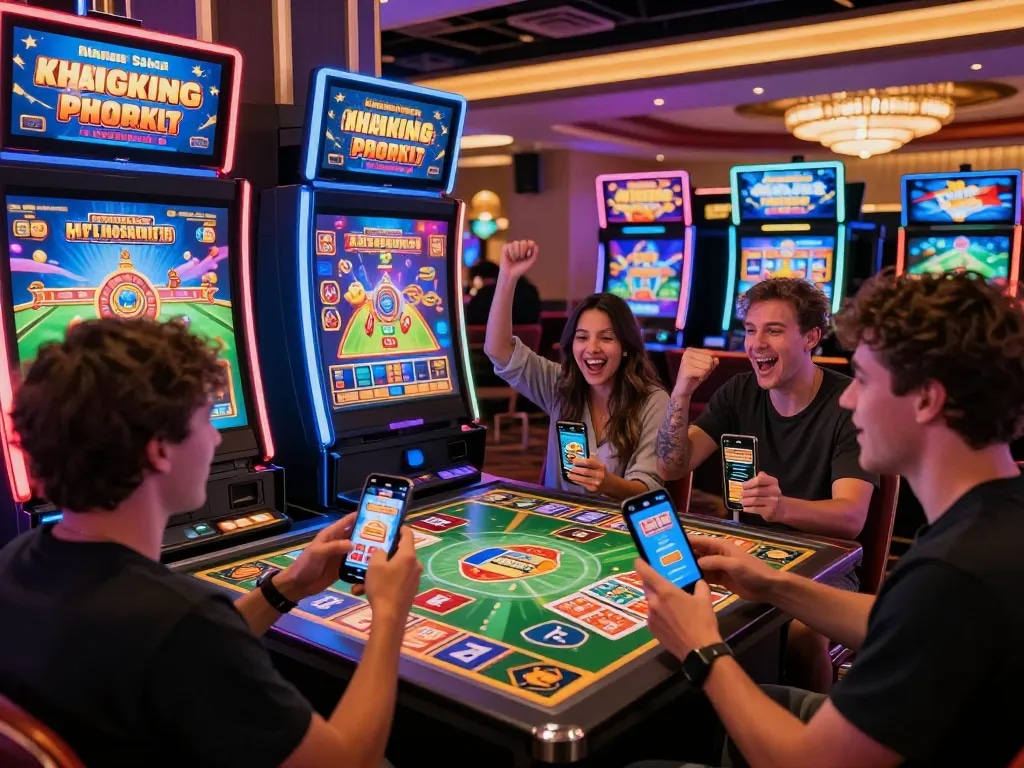 Exciting gaming experience while tải game hit club on mobile devices surrounded by vibrant slot machines and card games.