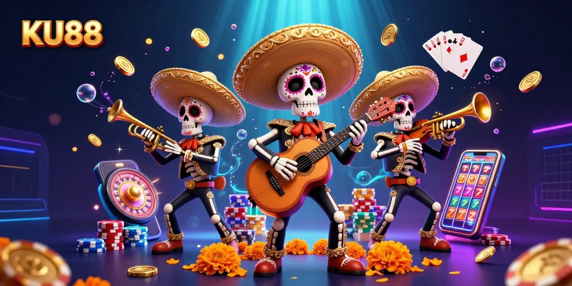 KU88 offers a vibrant 3D illustration showcasing a mariachi band amidst casino elements, enhancing the gaming experience.