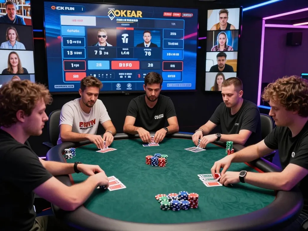 Players engaging in a poker game at OKFUN online casino, showcasing strategic betting in a vibrant virtual setting