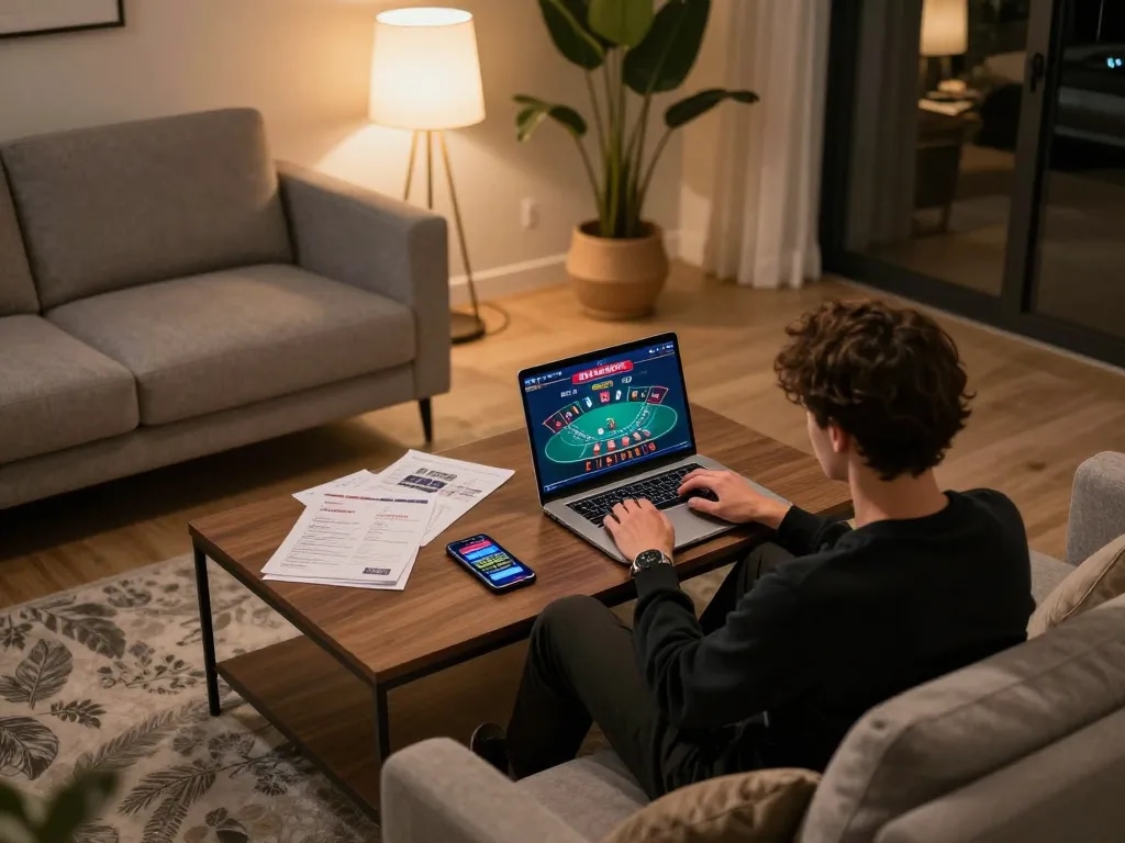 Engaging online gaming at https://www.atqvn.com/ showcasing a player enjoying blackjack in a cozy living room.