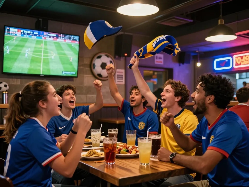 Soccer fans in jerseys celebrating during a live match with 7M updates.