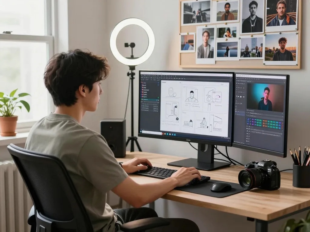 Filmmaker using Seedance AI to create dynamic videos in a modern workspace.