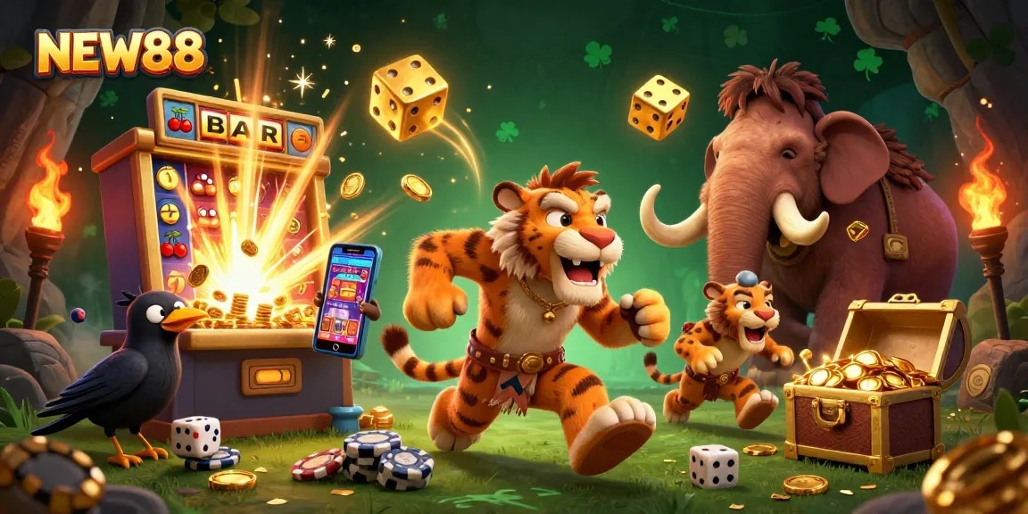 NEW88 casino adventure featuring a caveman and tiger duo celebrating a jackpot win amidst vibrant gaming elements.