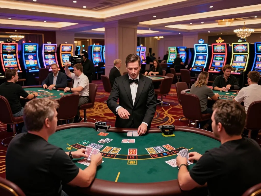 fun88 players enjoy an exciting blackjack game at a vibrant casino table with celebrating wins