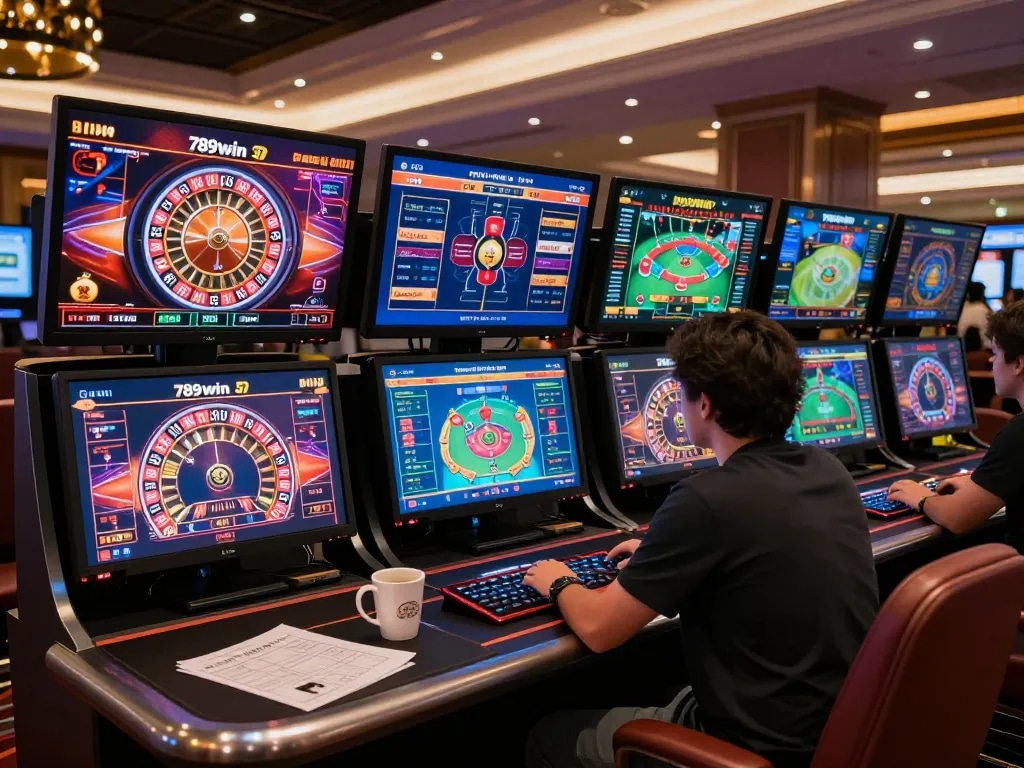 Engaged player strategizing on 789win 37 while gambling online with multiple screens.
