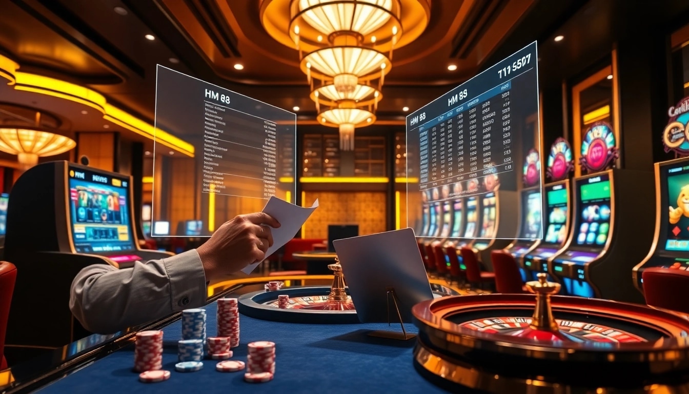 HM 88 platform displaying live betting odds with glowing poker chips and roulette wheel action