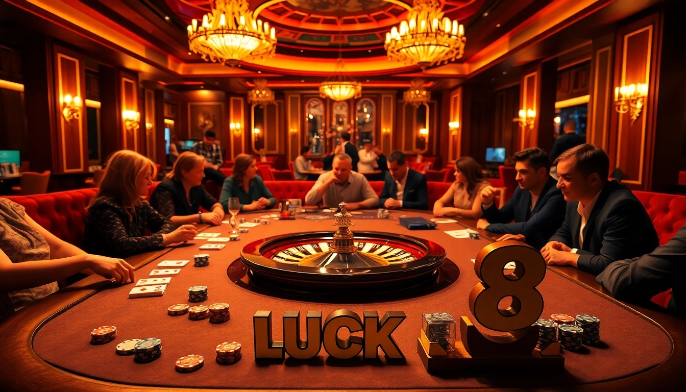 Experience thrilling gameplay with LUCK 8 at an upscale casino table adorned with vibrant poker chips.
