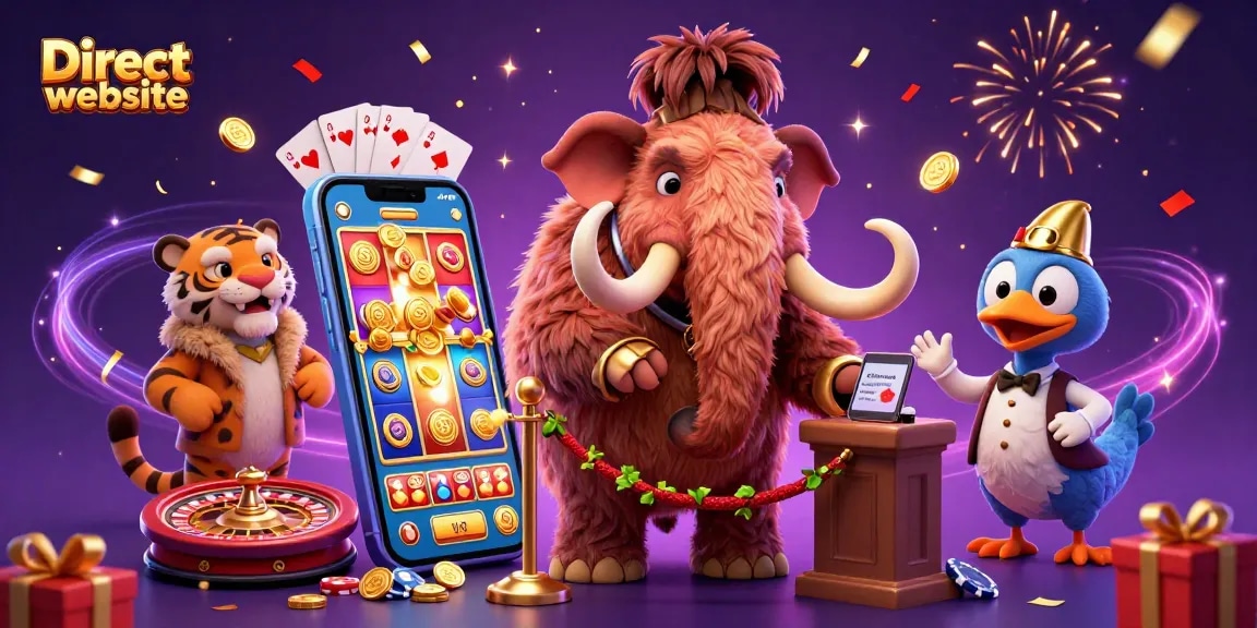Experience the thrill with a Direct website featuring whimsical casino characters amid vibrant slot games and sparkling confetti.