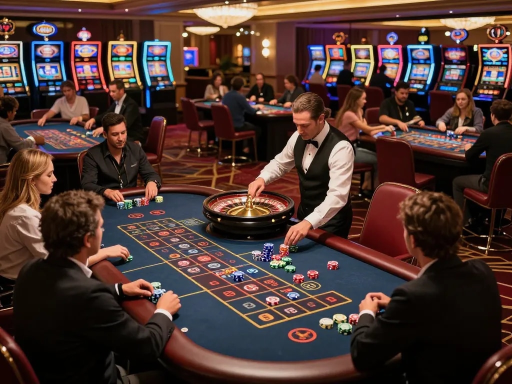 Players enjoy intense gameplay at 58wiin roulette table in an upscale casino setting.