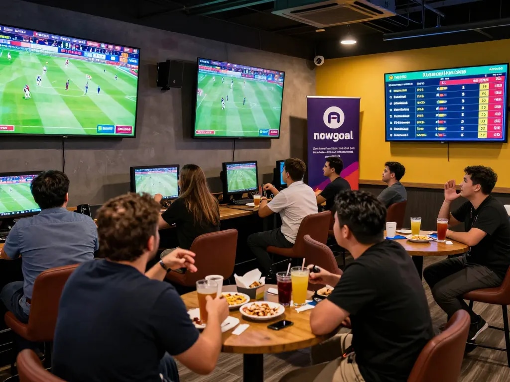 Excited players engaging in betting at Nowgoal sports lounge, live scores prominently displayed.