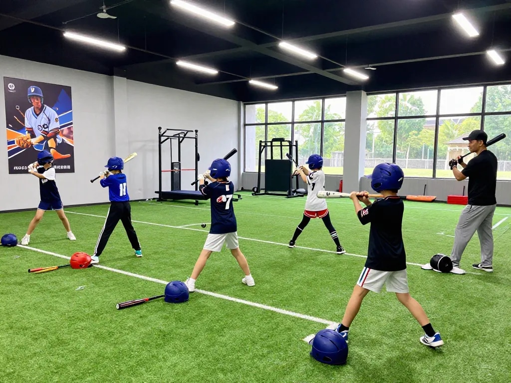 Young athletes engaged in training at Hitclub baseball facility, showcasing teamwork and determination.