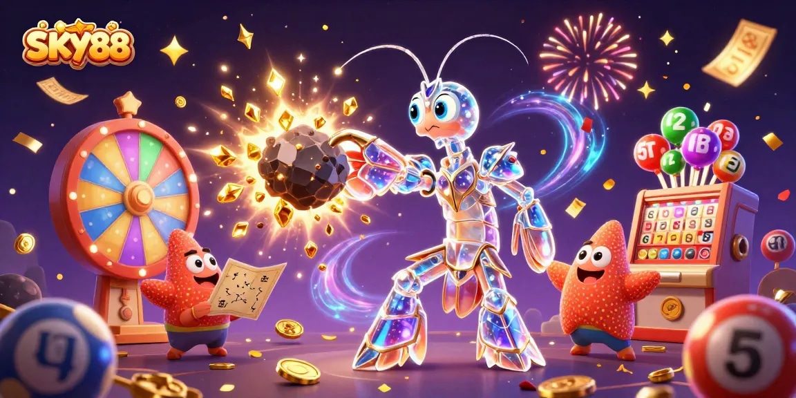 SKY88 showcases vibrant lottery excitement with 3D cartoon characters amidst colorful game elements.