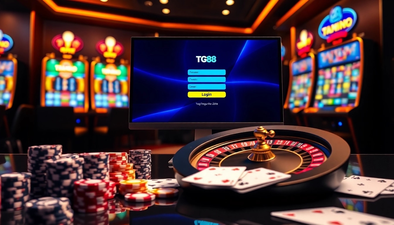 Engaging TG88 đăng nhập interface with stacked poker chips and roulette wheel showcasing professional casino gameplay setup