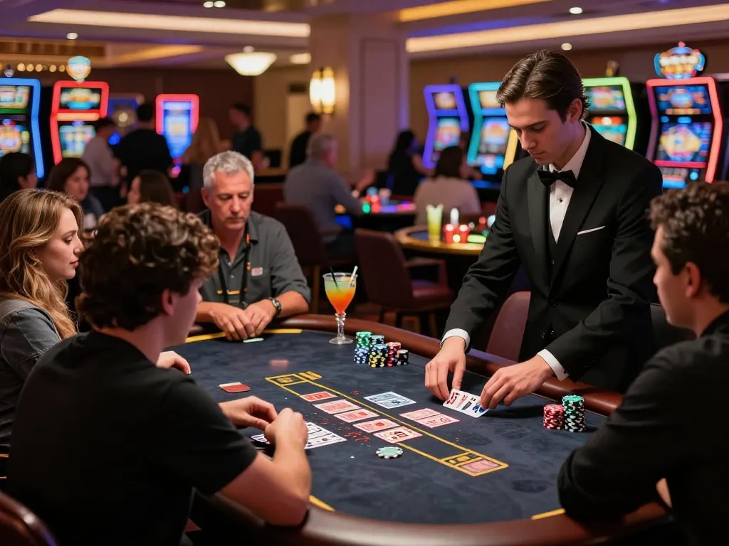Players strategizing at a hitclub blackjack table in a vibrant casino atmosphere.