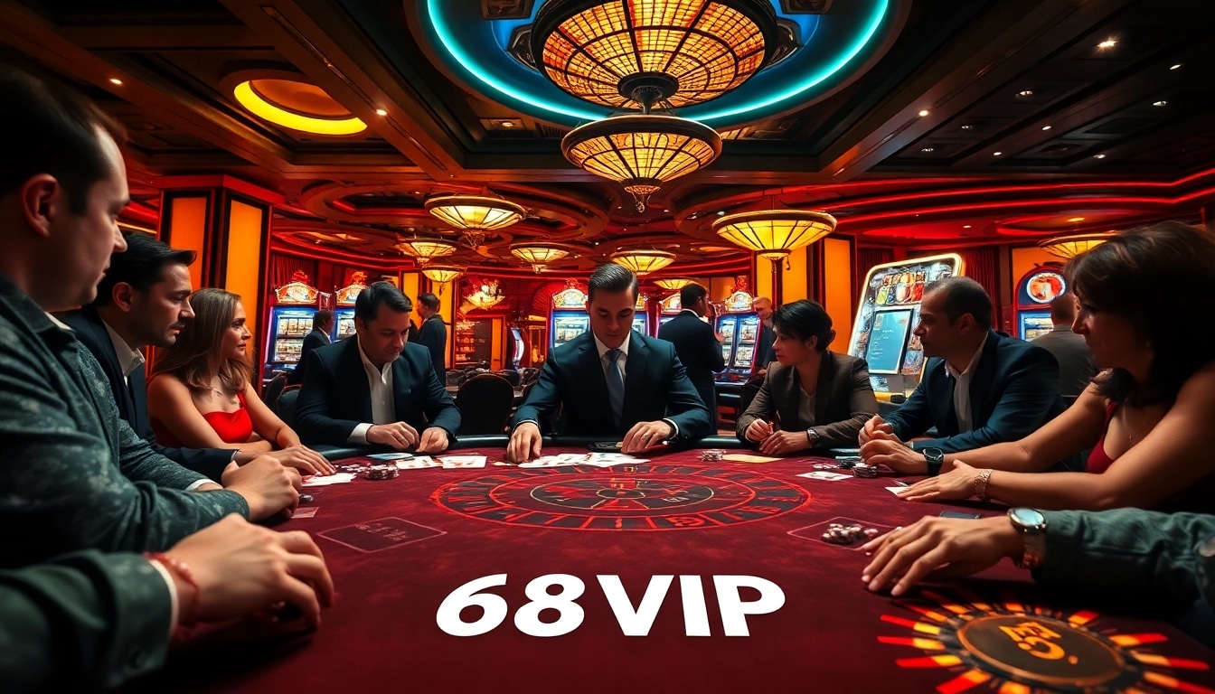 A high-stakes poker game at 68VIP casino, featuring vibrant lighting and intense player engagement.