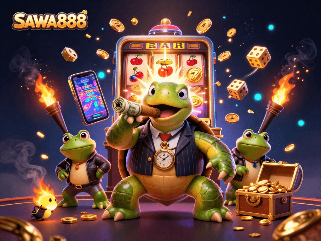 Experience SAWA888's exhilarating slot games with unique characters amidst a vibrant casino atmosphere.