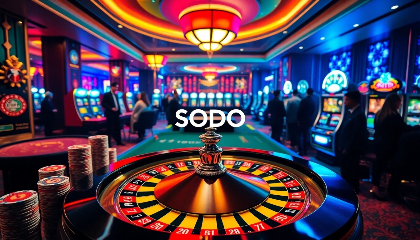 SODO casino scene featuring vibrant roulette wheel, excited gamblers, and colorful slot machines