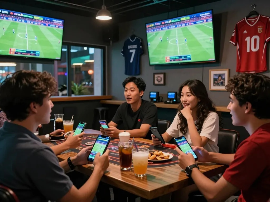 Sports betting excitement at vaobong1gom.us.com with friends celebrating live soccer match.