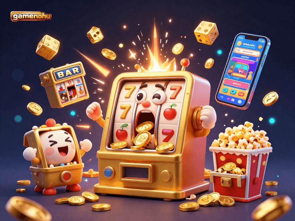 Experience gamenohu with golden slot machines hitting jackpots in an energetic casino scene