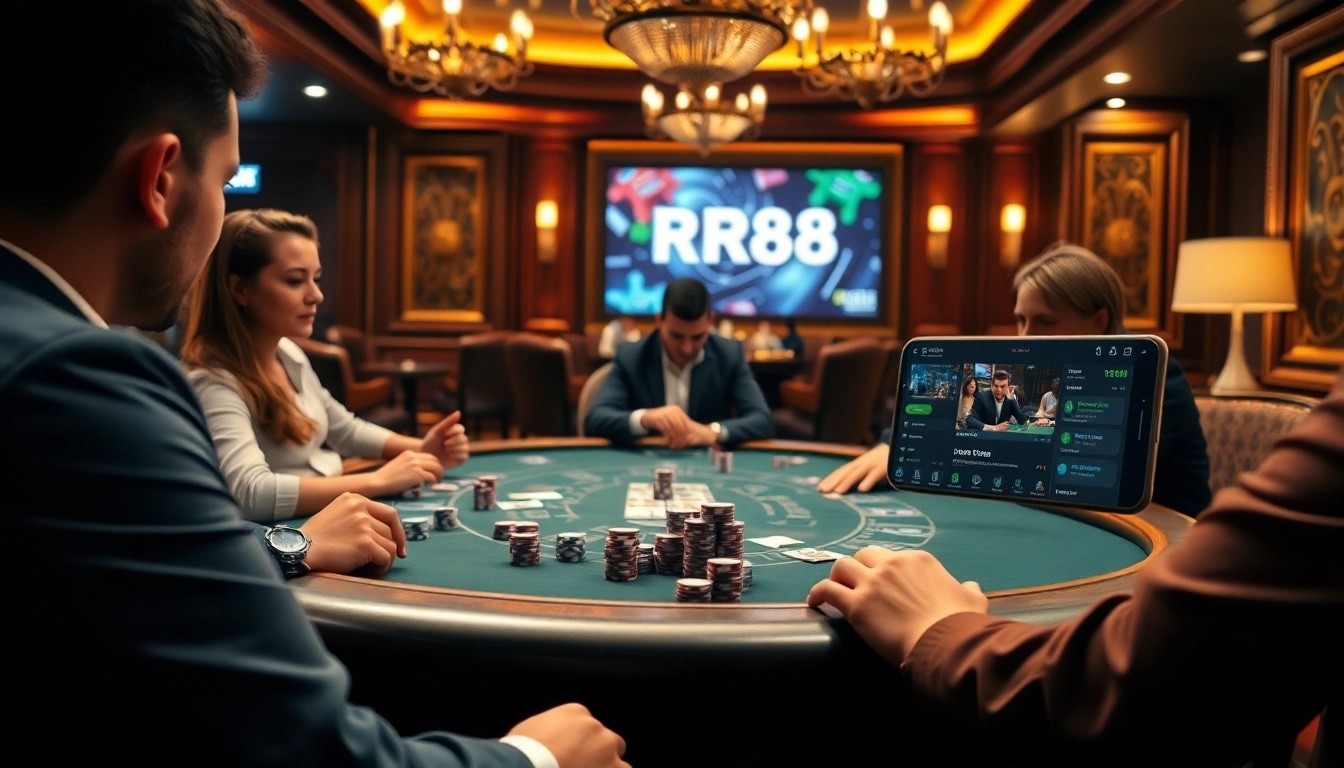 Engaging poker scene showcasing RR88 branded chips and cards, highlighting the excitement of online gambling.