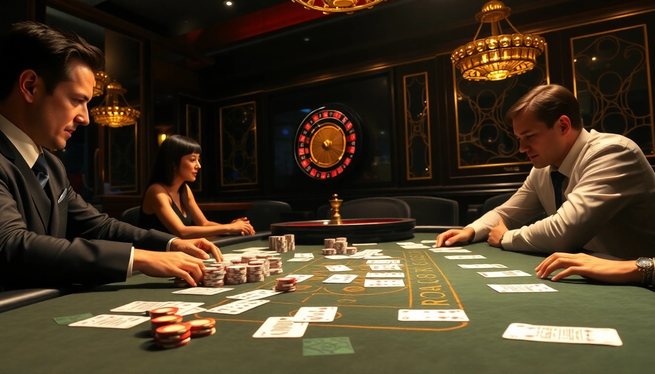 SODO CASINO gaming action with poker players at a luxurious table featuring cards and chips.