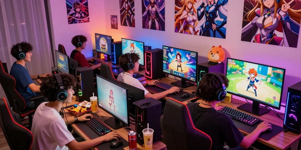Gamers engaging with ecchi games online in a colorful, lively gaming room with dynamic gameplay visible on screens.