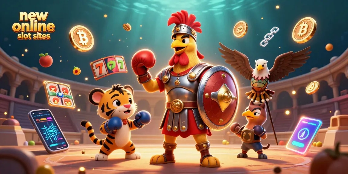 Engage with new online slot sites featuring a gladiator rooster, jackpot counters, and crypto coins.