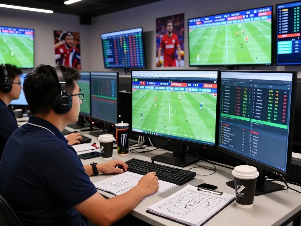 Football betting analysis room showcasing dynamic tỷ lệ kèo bóng đá with analysts and data screens.