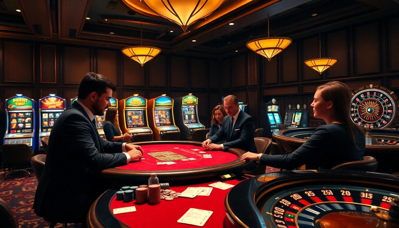 Experience nohu excitement at a vibrant casino with poker tables and roulette wheels.