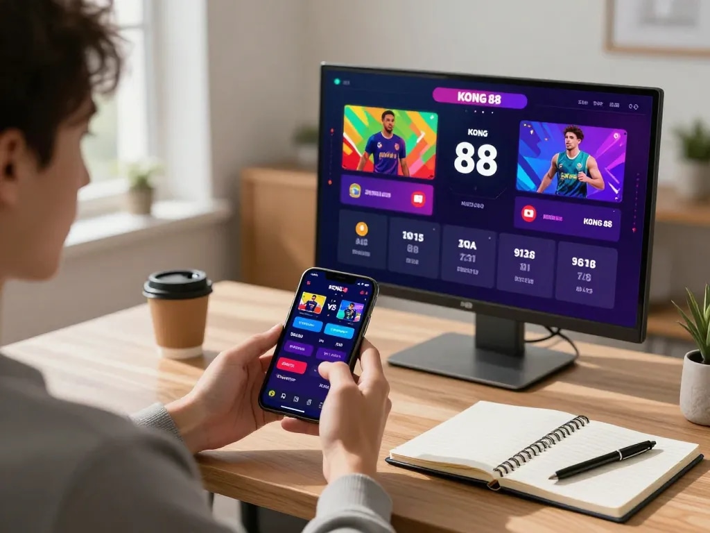 KONG 88 live betting scene featuring smartphone with colorful odds in a modern home office.
