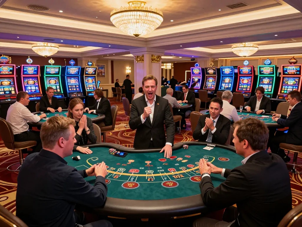Experience thrilling gameplay at Go 88 casino, featuring engaged players at poker tables under warm chandelier lights.
