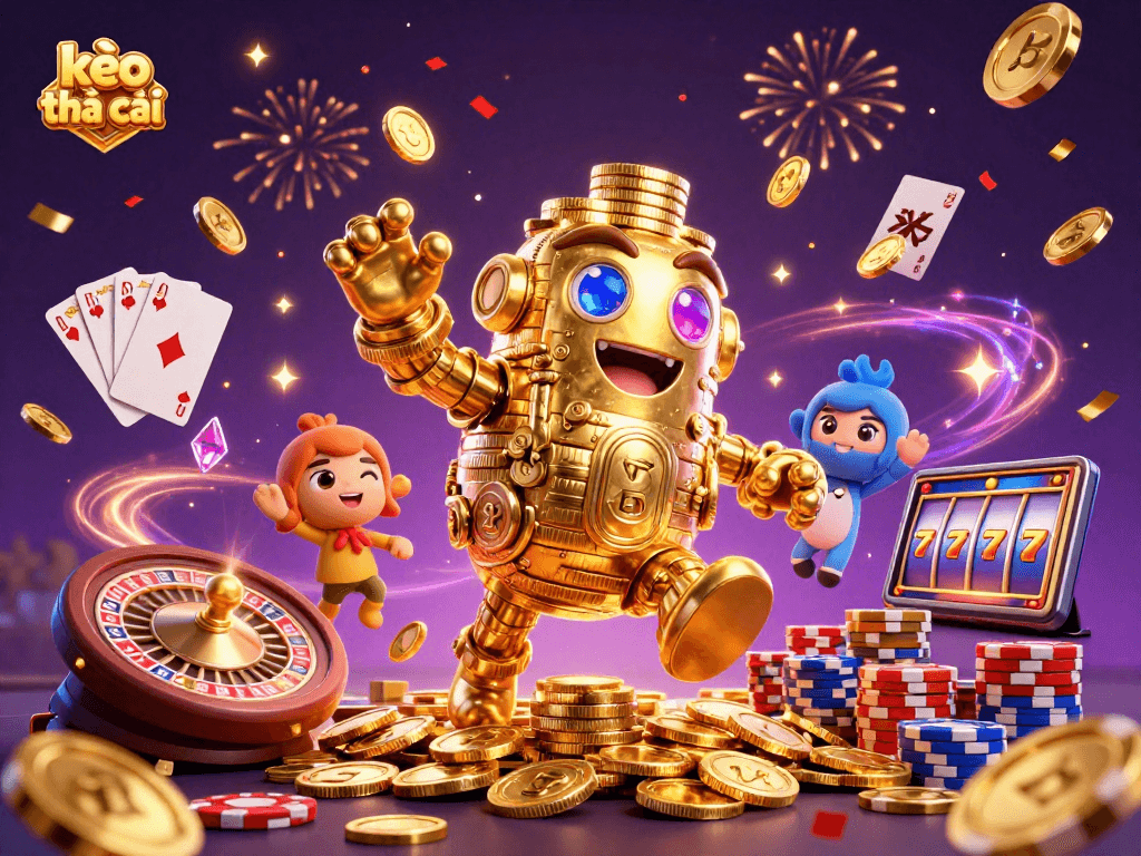 Engage with kèo nhà cái through this vibrant 3D casino illustration showcasing gold coins and gaming elements.