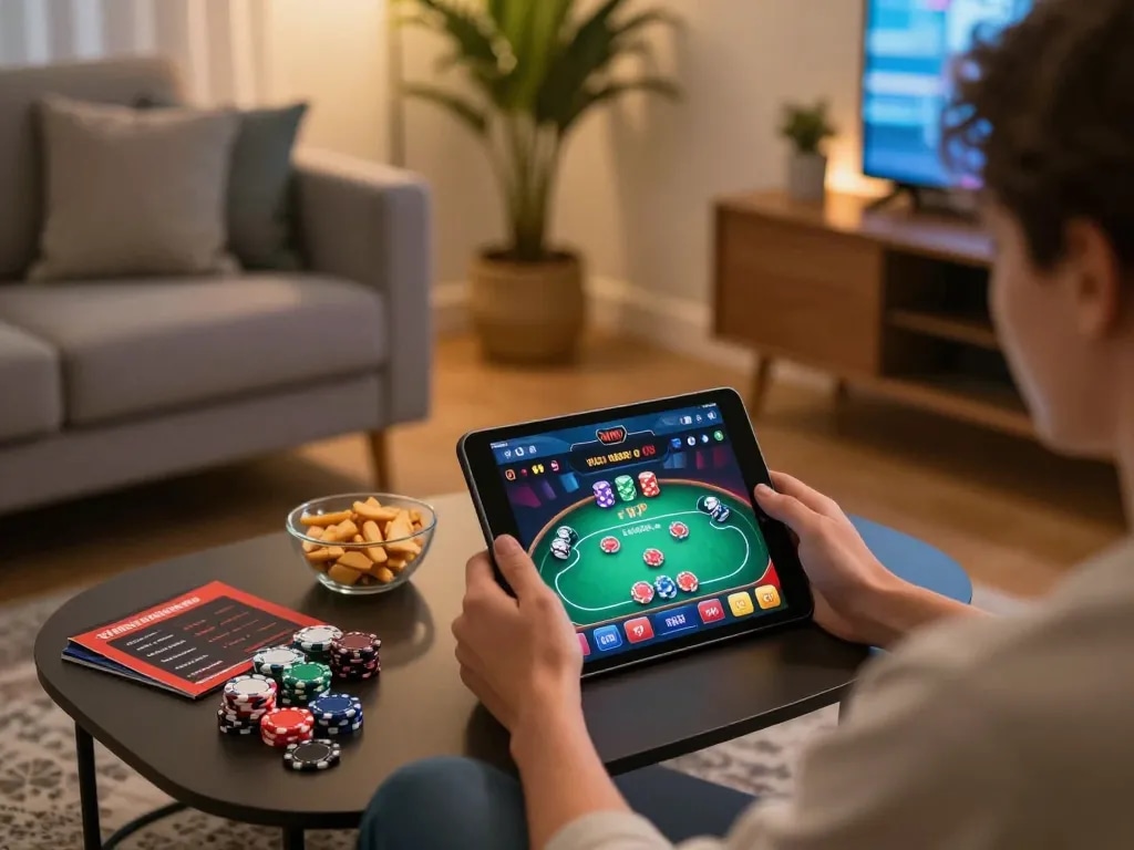 Engaging in rik vip online gambling with a mobile app, showcasing vibrant gameplay in a cozy home setting