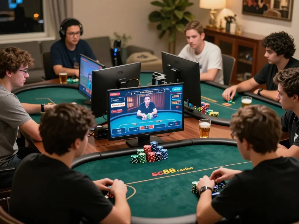 Players engaged in poker gameplay at sc88.casino, showcasing competitive excitement and strategic focus.