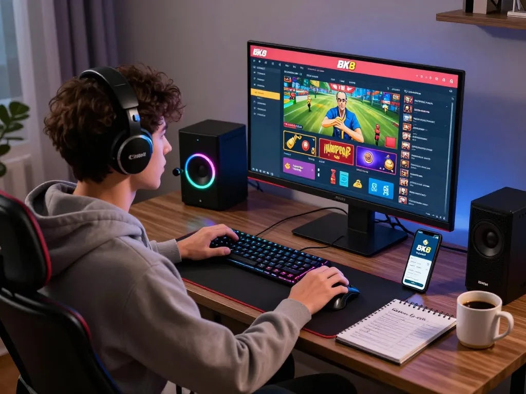 Player engaging with BK8 platform in a stylish home office setup, showcasing gaming accessories and ambiance.