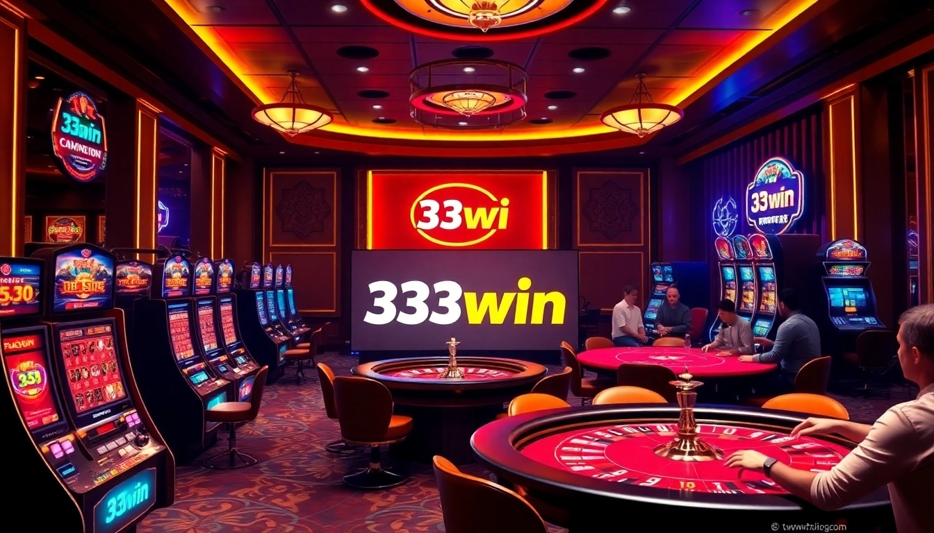A thrilling casino scene with players enjoying the games at 33win, illuminated in luxurious gold and red tones.
