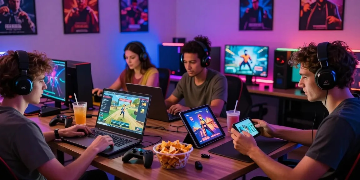 Group of adults playing immersive xxx games on various devices, creating a vibrant gaming atmosphere.