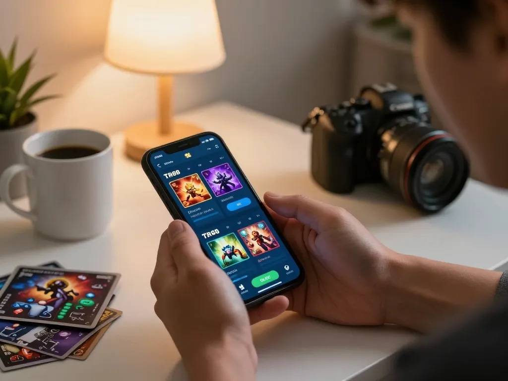 Person playing on the TR88 trang chủ app showing exciting casino features in a cozy home setting.