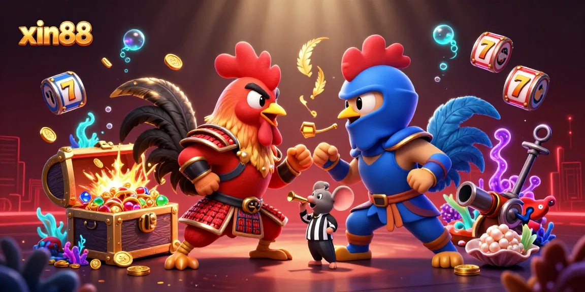 Experience thrilling gameplay with xin88 as fighting roosters clash in an exciting 3D casino scene.